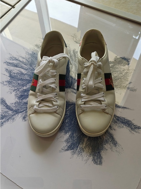 Gucci Shoes - Gucci White Leather Sneakers with Green and Red Web